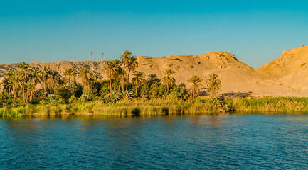 Panorama view of a traditional town on the Nile River near Luxor, Egypt