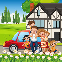 Obraz na płótnie Canvas Happy family standing outside home with a car