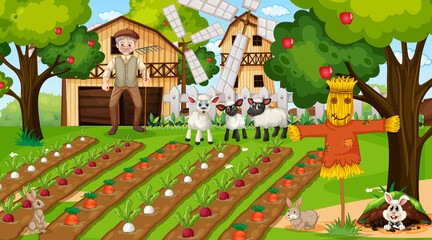 Farm scene at daytime with old farmer man and cute animals