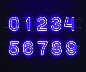 Neon Purple Numbers Vector Illustration. Purple Neon Light. Realistic Glowing Numbers.