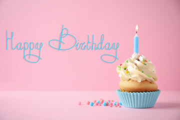 Happy Birthday! Delicious cupcake with candle on pink background