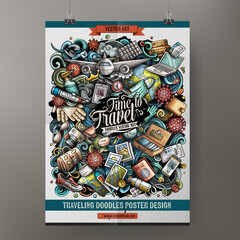 Cartoon vector doodles Traveling poster template.