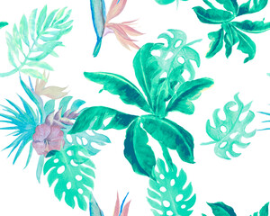 Light Green Monstera Backdrop. Organic Watercolor Set. Turquoise Banana Leaf Plant. Mint Color Seamless Texture. Pattern Painting. Tropical Palm.Art Leaf.