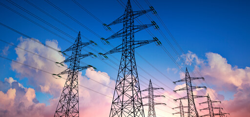 High voltage power lines in the sky - 3D illustration - 440725469