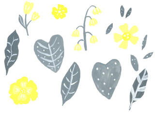 different grey leaves and yellow gouache flowers on white background