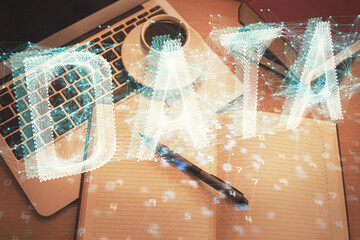 Multi exposure of data theme drawing hologram over topview work desk background with computer. Concept of technology.