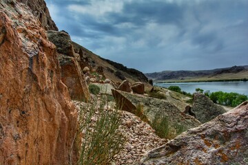 The Ili River in Kazakhstan. Tamgaly-Tas. Cave drawings. 