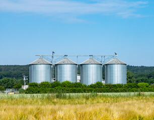 silo at the field for corn under blue sky
