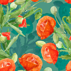 Poppies seamless pattern.Image on white and colored background.