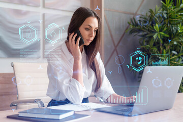 Attractive businesswoman in white shirt has conference call to optimize development by implying new...
