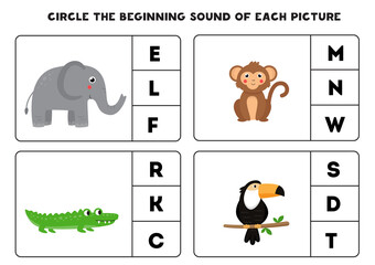Worksheet for kids. Find the beginning sound. Cartoon animals.