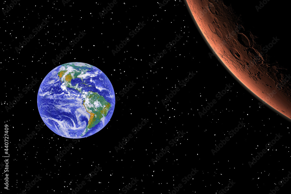 Wall mural mars and earth. distance between them. space for text. the elements of this image furnished by nasa.