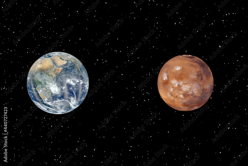 Wall mural mars and earth. distance between them. space for text. the elements of this image furnished by nasa.