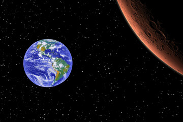Obraz na płótnie Canvas Mars and earth. Distance between them. Space for text. The elements of this image furnished by NASA.
