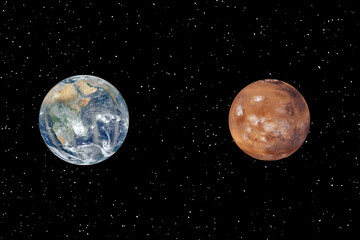 Mars and earth. Distance between them. Space for text. The elements of this image furnished by NASA.