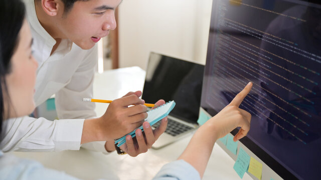Male program analyst examining programs with female programmer on computer screen,Computer concepts.