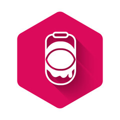 White Paint bucket icon isolated with long shadow. Pink hexagon button. Vector