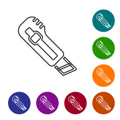 Black line Stationery knife icon isolated on white background. Office paper cutter. Set icons in color circle buttons. Vector