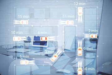 Multi exposure of auto pilot theme drawings and office interior background. Ai concept.