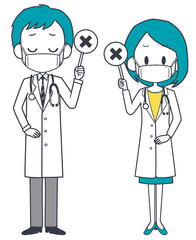 不正解の札を持つマスクを着けた男女の医師