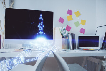 Multi exposure of creative theme drawings and office interior background.