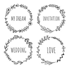 Set of black doodle round frames, vignettes for bullet journal, notebook, diary, and planner isolated on white background. Hand-drawn wreaths with space for your text 