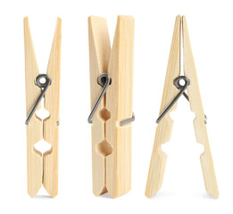 Set with wooden clothespins on white background