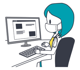 PCを操作するマスクを着けた女性の医師