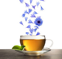 Beautiful tender blue cornflower petals falling into cup of tea on white background