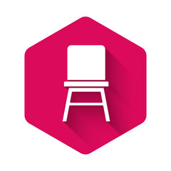 White Chair icon isolated with long shadow. Pink hexagon button. Vector