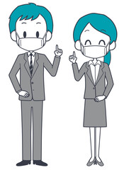 提案をするマスクを着けたスーツ姿の男女