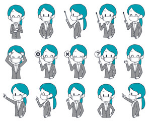 マスクを着けたスーツ姿の女性の表情セット