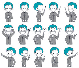 マスクを着けたスーツ姿の男性の表情セット