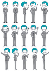 マスクを着けたスーツ姿の男性の表情セット