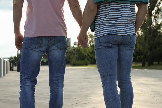 Gay couple walking outdoors on sunny day, back view
