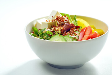 Delicious veggie bowl with cucumber, bell pepper, salad mix, quinoa and tofu in a white plate. Isolated on grey background.