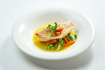 Fried Sea bass fillet with stewed vegetables and orange sauce in a white plate. Isolated on grey background.
