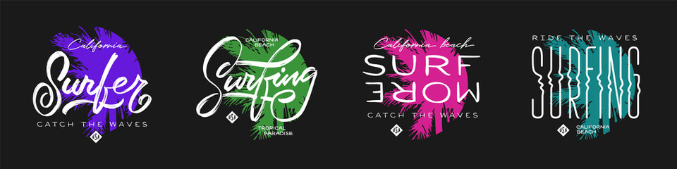 California beach surfing related trendy t-shirt apparel design set. Surf slogan collection quotes and hand made typography composition. Vector illustration.