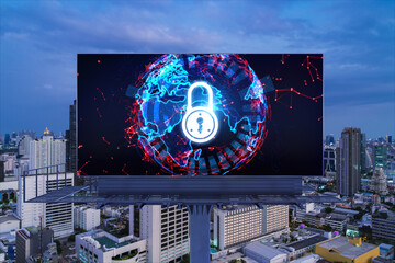 Padlock icon hologram on road billboard over panorama city view of Bangkok at night to protect...