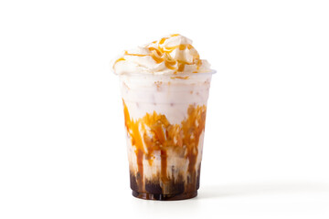 caramel macchiato coffee with caramel and whipping cream in glass Isolate on white background. cafe...