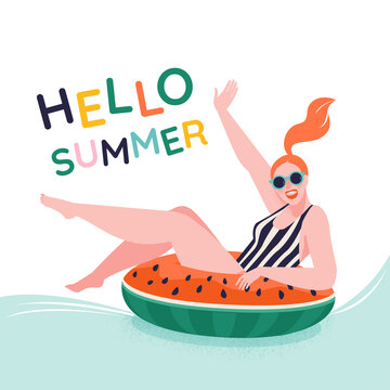 Pool party. Positive young girl sitting on watermelon inflatable ring, ready to swim, white background. Hello summer.