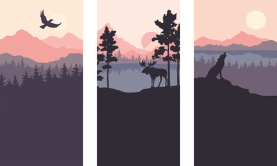 Abstract landscape with mountains, firs and wild animals. Three vector illustrations. Twilight, sunset.	