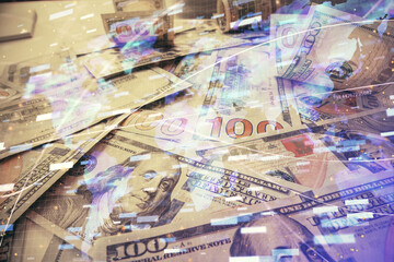 Double exposure of data theme drawing over us dollars bill background. Technology concept.
