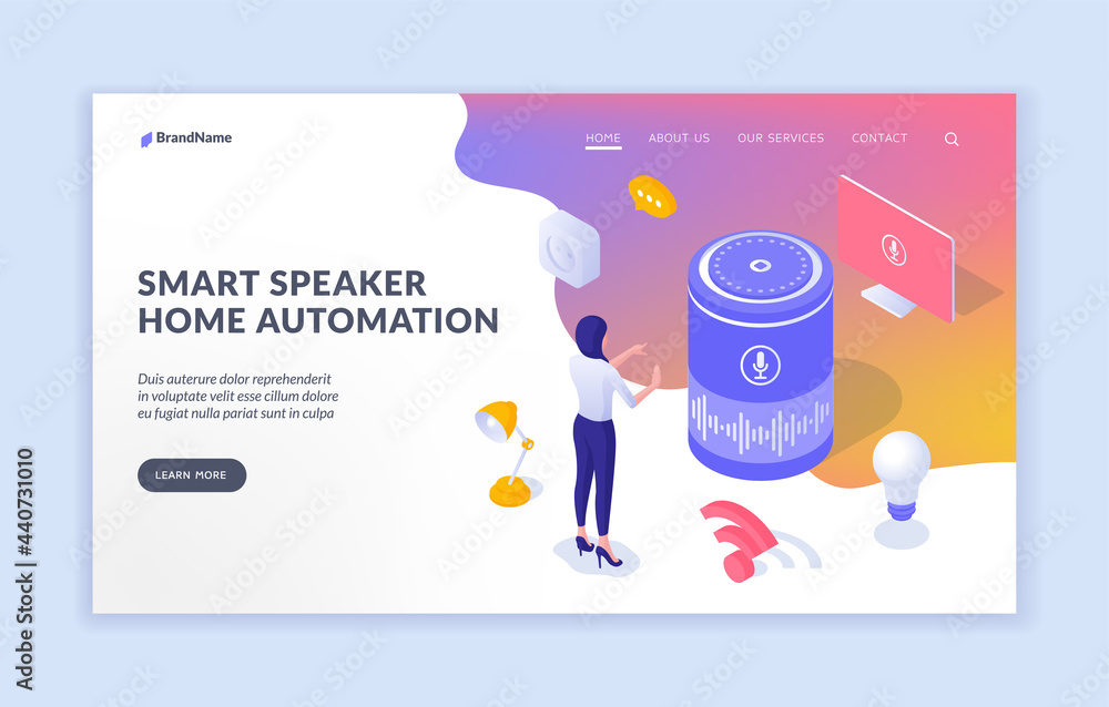 Poster smart speaker and digital home automation. woman controls electronic equipment by voice. interactive