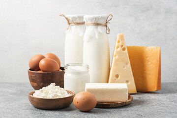 Farm dairy products. Bottle milk, cheeses, cottage cheese, eggs, yogurt, butter. Organic food