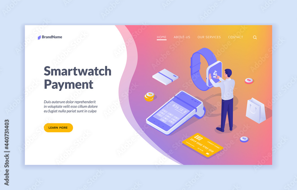 Poster Pay using smart watch app. Man withdraws money from account and makes purchases using portable gadget. Online transactions in mobile application wrist device. Vector isometric landing page template
