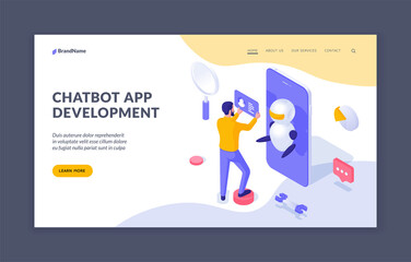 Development chatbot in mobile application. Programmer configures virtual assistant. Smart artificial intelligence for online advice and assistance. Vector isometric home page template