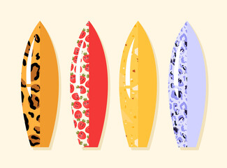 Surfboard with colorful vibrant modern prints. Vector stock illustration