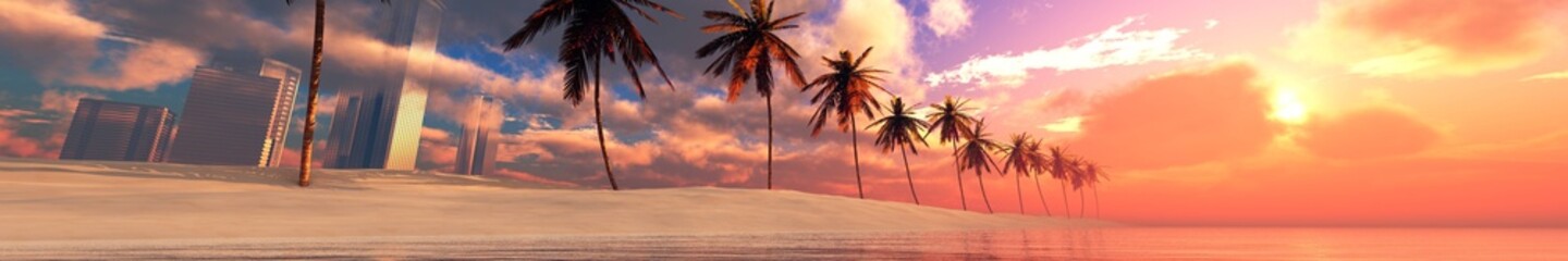 Obraz na płótnie Canvas Palm trees on the beach in a row at sunset, Tropical beach with palm trees, dramatic sunset over the sea ,, 3D rendering