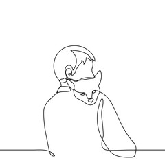 owner holds dog on his hands, the dog put head on the shoulder to man - one line drawing. dog lovers concern about pet, vet soothes a puppy on his shoulder,